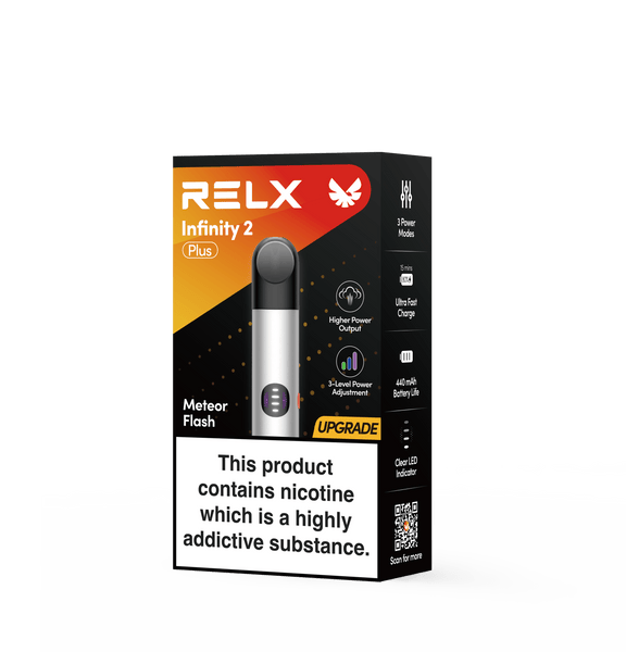 RELX UK RELX Infinity 2 Plus Device Meteor Flash 440mAh Type-C Adjustable 3 modes and more powerful Power Output 6.5W, 8W, 10W   package 22.99 innovative e-cigarette device