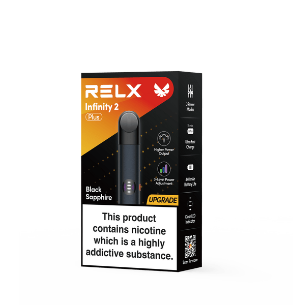 RELX UK RELX Infinity 2 Plus Device Black Sapphire 440mAh Type-C Adjustable 3 modes and more powerful Power Output 6.5W, 8W, 10W   package 22.99 innovative e-cigarette device