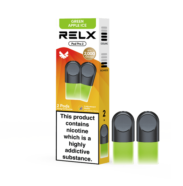 RELX UK Pod Pro £8.99 Green Apple Ice 18mg/ml nicotine package The best e-cigarette brands 悦刻英国 雾化弹 2颗装 8.99英镑 青苹果 18mg/ml 尼古丁 包装 最佳电子烟品牌 🍏❄️