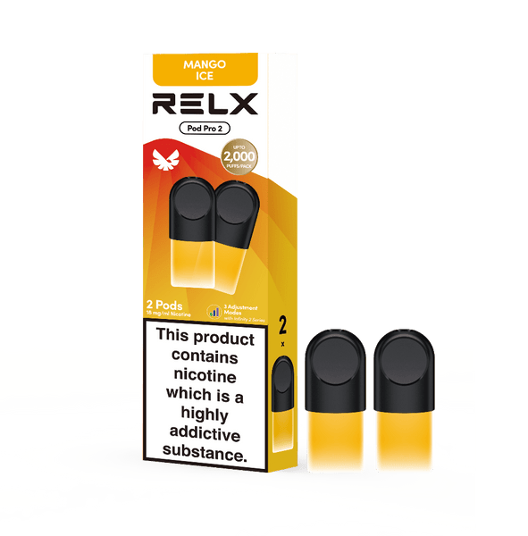 RELX UK Pod Pro £8.99 Mango Ice 18mg/ml nicotine package The best e-cigarette brands 悦刻英国 雾化弹 2颗装 8.99英镑 芒果 18mg/ml 尼古丁 包装 最佳电子烟品牌 🥭