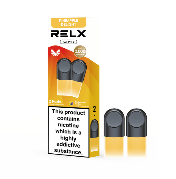RELX UK Pod Pro £8.99 Pineapple Delight 18mg/ml nicotine package The best e-cigarette brands 悦刻英国 雾化弹 2颗装 8.99英镑 菠萝 18mg/ml 尼古丁 包装 最佳电子烟品牌 🍍