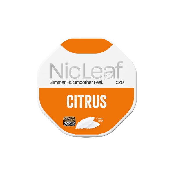 RELX UK NicLeaf Citrus Flavor Nicotine Pouches Can Front View Slim Nicotine Leaf 20 Pack 悦刻英国 NicLeaf 柑橘味 尼古丁口含袋 正面包装 20粒装 柠檬柚子味 🍊

