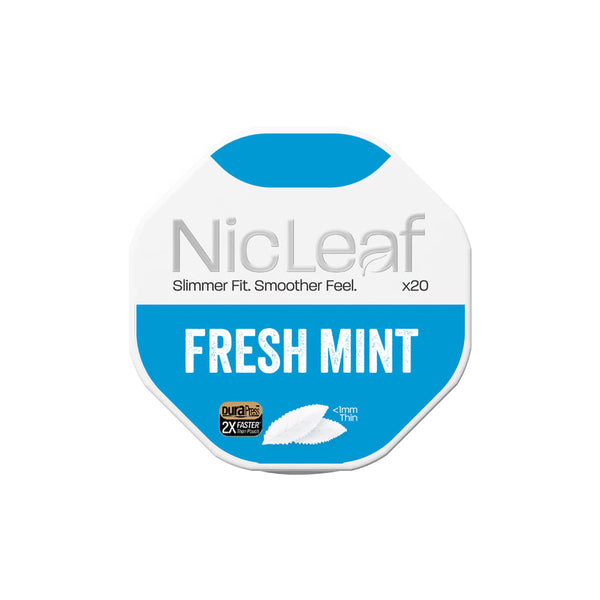 RELX UK NicLeaf Fresh Mint Nicotine Pouches Can Front View Cool Mint Flavor 20 Pack Slim Leaf 悦刻英国 NicLeaf 冰爽薄荷味 尼古丁袋 正面视角 清凉薄荷 20片装 🌿
