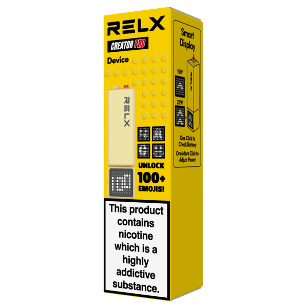 RELX UK Creator Pro Device ￡8.99 Yellow 18mg/ml nicotine package Best e-cigarette flavours 悦刻英国 雾化弹   18mg/ml 尼古丁 口味 最佳电子烟口味 
