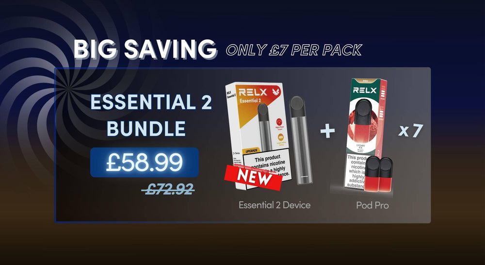 RELX Essential 2 bundle deal with savings. Includes 1 Essential 2 device and 7 Pod Pro units. Priced at £58.99, was £72.92. New product notice. | RELX UK Official 