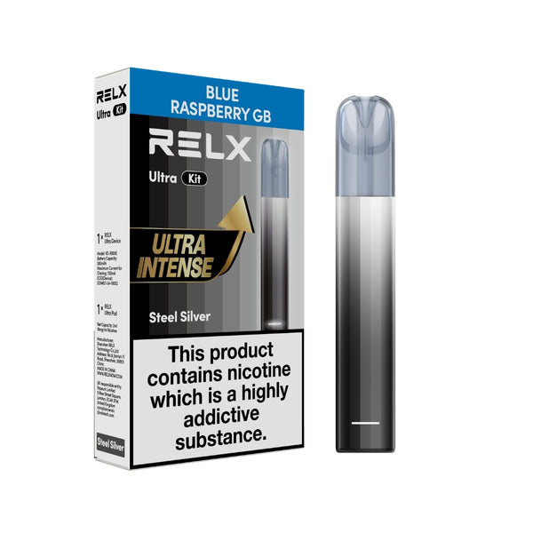 RELX Ultra Kit Steel Silver Blue Raspberry GB 18mg/ml nicotine device Powered by RELX 悦刻 Ultra Kit 套装 钢银色 蓝莓树莓软糖口味 18mg/ml 尼古丁
