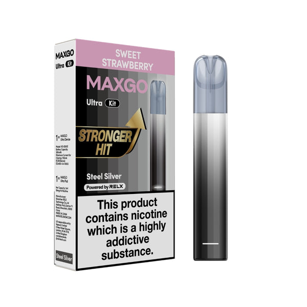 MAXGO Ultra Kit Steel Silver Sweet Strawberry 18mg/ml nicotine device Powered by RELX 悦刻 MAXGO Ultra Kit 套装 钢银色 甜草莓口味 18mg/ml 尼古丁
