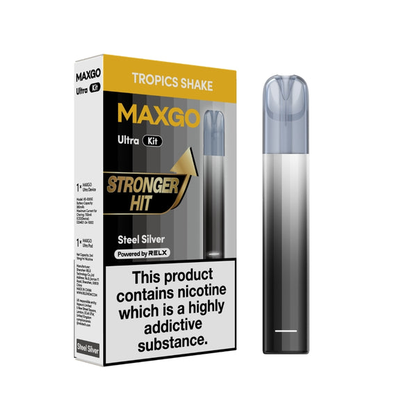 MAXGO Ultra Kit Steel Silver Tropics Shake 18mg/ml nicotine device Powered by RELX 悦刻 MAXGO Ultra Kit 套装 钢银色 香蕉冰/热带奶昔口味 18mg/ml 尼古丁
