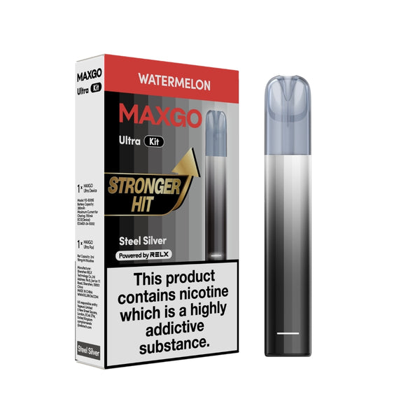 MAXGO Ultra Kit Steel Silver Watermelon 18mg/ml nicotine device Powered by RELX 悦刻 MAXGO Ultra Kit 套装 钢银色 西瓜口味 18mg/ml 尼古丁
