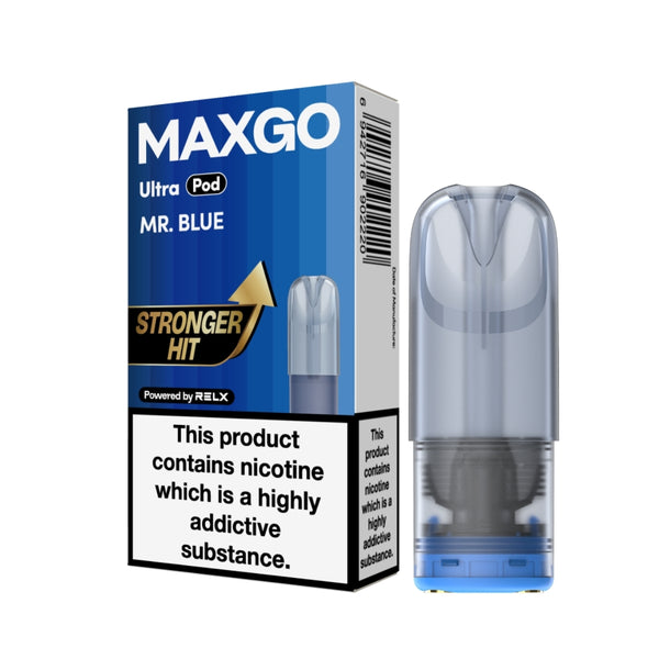 MAXGO Ultra Pod Mr. Blue 18mg/ml nicotine single pod Powered by RELX 悦刻 MAXGO Ultra 烟弹 蓝莓混合冰（Mr. Blue）口味 18mg/ml 尼古丁
