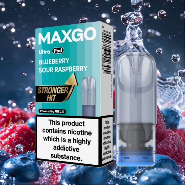 UK MAXGO Ultra Pod Blueberry Sour Raspberry 18mg/ml nicotine single pod Powered by RELX 悦刻 MAXGO Ultra 烟弹 蓝莓酸树莓口味 18mg/ml 尼古丁
