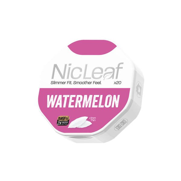 RELX UK NicLeaf Watermelon Nicotine Pouches Can Front View 20 Nicotine Leaf Pouches Premium Quality 悦刻英国 NicLeaf 西瓜口味 尼古丁袋 包装正面 20片装 优质口含烟 🍉
